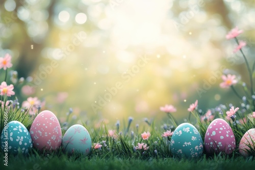 Colorful Easter eggs nestled in a flower-filled meadow under soft spring sunlight photo