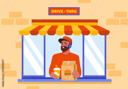 Drive thru concept. Man in red uniform with soda and bag with fast food and takeaway eating. Counter with junk food. Cafe for drivers. Catering occupation. Flat vector illustration