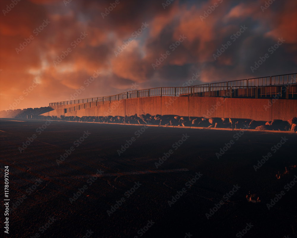 Parking with promenade at beach during sunset with a cloudy sky. Serene atmosphere. 3D render.