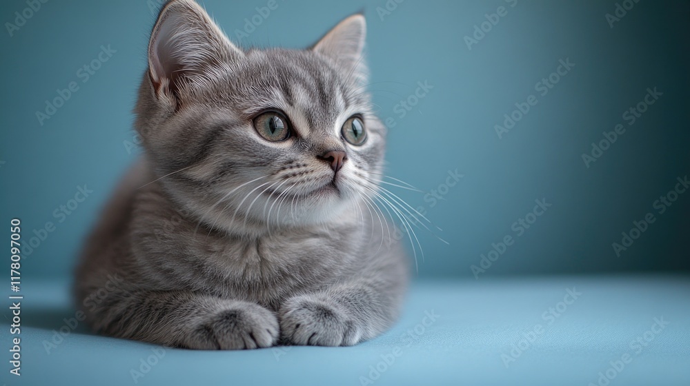 Naklejka premium A gray kitten sits on a blue surface