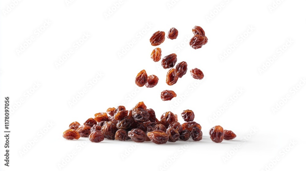 Falling raisin isolated on white background, clipping path, full depth of field. Falling raisin isolated on white background, clipping path, full depth of field.