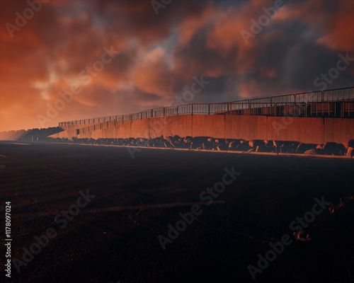 Obraz na płótnie Parking with promenade at beach during sunset with a cloudy sky. Serene atmosphere. 3D render. w salonie