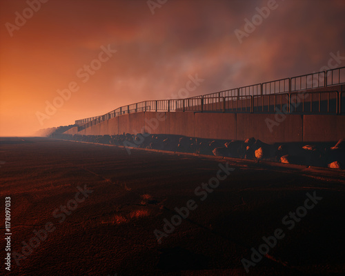 Parking with promenade at beach during sunset with a cloudy sky. Serene atmosphere. 3D render.