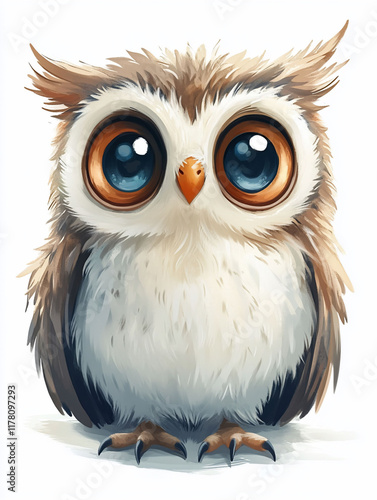Adorable baby owl with big eyes.