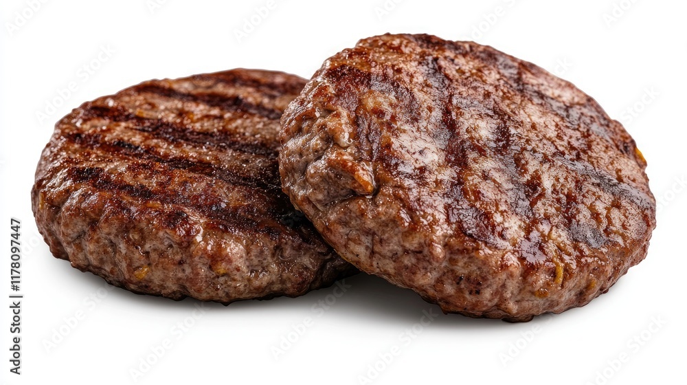 Grilled hamburger meat isolated on white background, clipping path, full depth of field. Grilled hamburger meat isolated on white background, clipping path, full depth of field.
