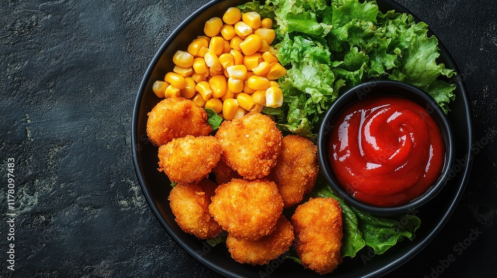Crispy Chicken Nuggets Corn Salad and Ketchup Crispy Chicken Nuggets Corn Salad and Ketchup