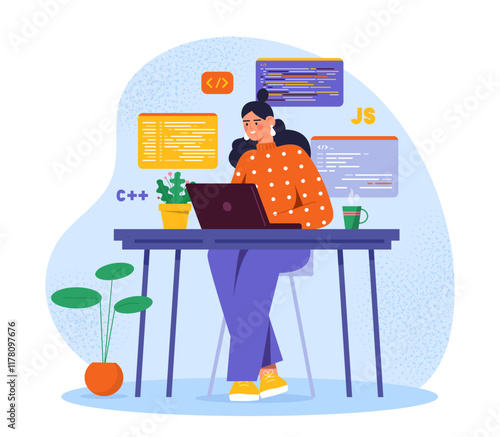 Female programmer at workplace. Woman writes code for program and application. Freelancer and remote worker develop app. Front end and back end developer. Flat vector illustration