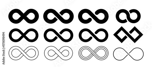 Infinity symbols set. Pack of silhouettes of inverted eights. Endless patterns and ornaments. Logotype and emblem. Minimalistic creativity. Flat vector collection isolated on white background