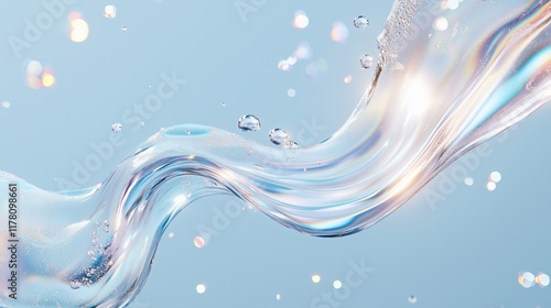 Abstract transparent wave with bubbles and sparkling light effects on blue background. fresh and dynamic design concept