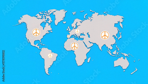 World map adorned with peace symbols, celebrating global harmony