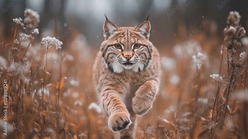 A majestic wild lynx gracefully strides through the autumn meadow, surrounded by softly blurred tall grasses and hints of early snowflakes falling gently A majestic wild lynx gracefully strides through the autumn meadow, surrounded by softly blurred tall grasses and hints of early snowflakes falling gently