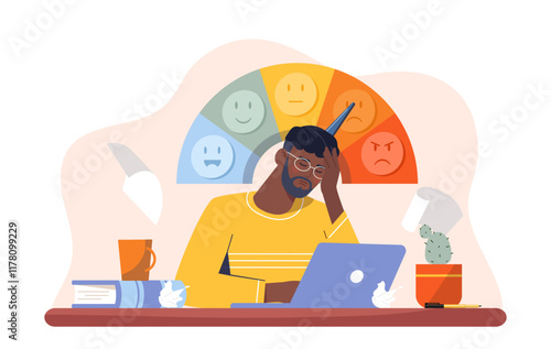 Level of work stress. Tired man with laptop near stress meter. Emoji and feelings. Bad mood, frustration and depression. Poor time management and planning. Flat vector illustration