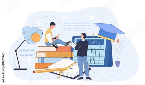 Librarian with books. Two men near large stack of books. Love for reading and literature. Education, learning and training. College or university. Linear vector illustration