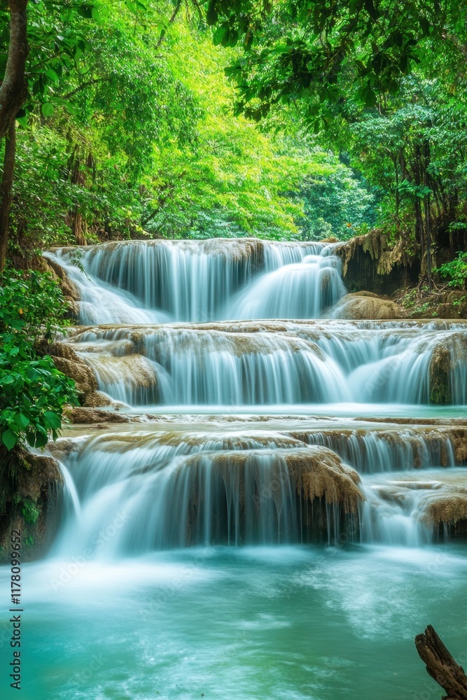 Majestic waterfalls cascading over rocky ledges amidst lush green forest Majestic waterfalls cascading over rocky ledges amidst lush green forest
