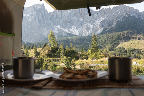 ugc breakfast inside a van with views of the dolomites photo