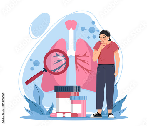 Woman with lung disease. Young girl with magnifying glass near lungs. Diseases of respiratory system. Asthma and tuberculosis. Healthcare and medicine. Flat vector illustration