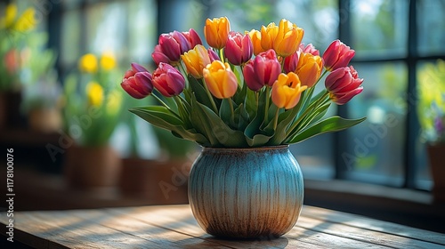 Colorful Tulips Arranged in a Rustic Vase