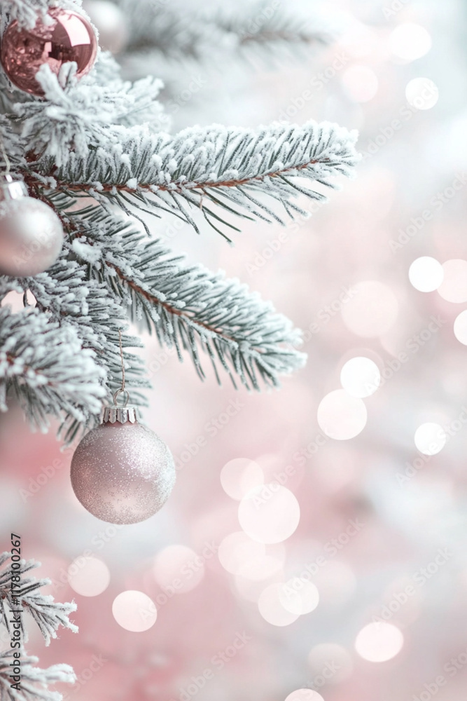 Christmas background with Christmas tree and decorations in white and pink tones
Christmas background with Christmas tree and decorations in white and pink tones