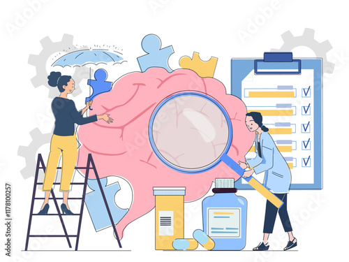 Doctors study mental health. Women in medical uniform with magnifying glass studying brain. Healthcare and medicine. Diagnosis and treatment. Mindfulness and awareness. Linear vector illustration