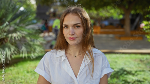 Young beautiful woman standing outdoors in a city park with trees and greenery during a sunny day capturing urban lifestyle and natural beauty.