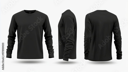 Long sleeve t-shirt for man front, side and back view. Vector realistic mockup of male black tee, sweater, sport or casual apparel with round neck isolated on transparent background