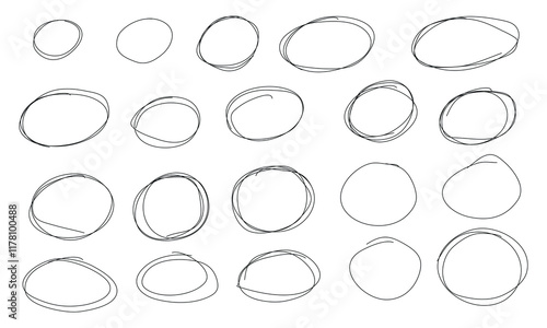 Hand drawn abstract scribble doodle with white background.Grunge circles set, hand drawn encircle round highlight elements.