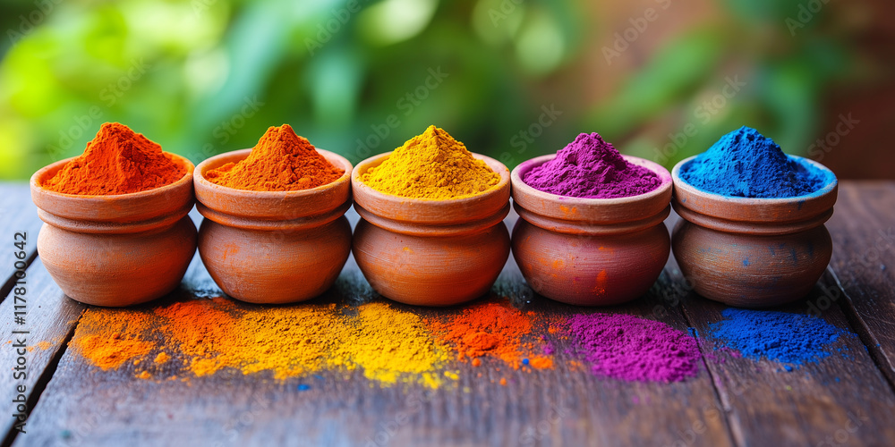 Fototapeta premium Pots filled with different coloured powders for the Holi festival of colours, India