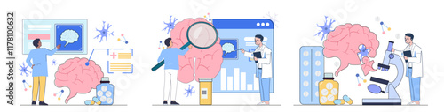 Set of neurologists. Men and women in medical uniforms study brain structure. Healthcare and medicine. Doctors with patients. Linear vector collection isolated on white background