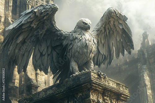 Stone Eagle Statue Perched Atop Ruins Of Ancient Castle photo