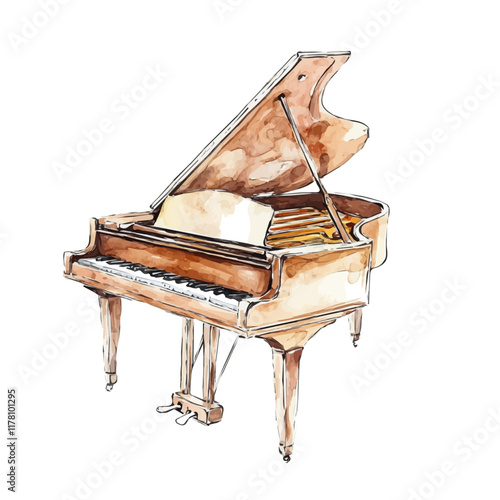 A watercolor vector of a piano lid, isolated on a white background. Musical instrument vector.
