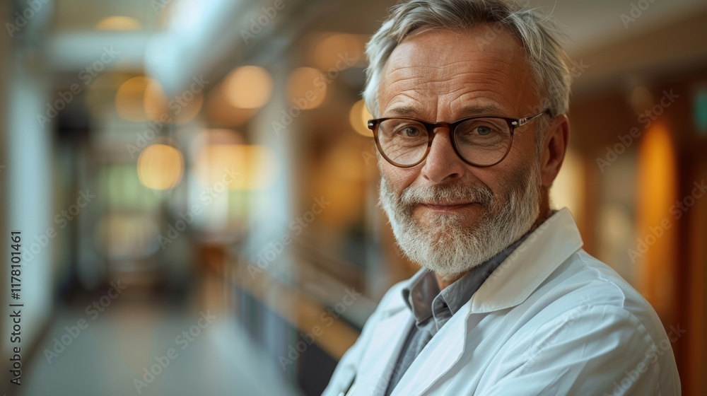 Portrait of a Distinguished Male Doctor Standing in a Hospital Corridor with Warm Lighting, Exuding Confidence and Experience in a Medical Environment Portrait of a Distinguished Male Doctor Standing in a Hospital Corridor with Warm Lighting, Exuding Confidence and Experience in a Medical Environment