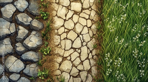 Textures of ground with stones and green grass, dry soil with crackes for game background. Vector cartoon seamless patterns of top view of land surface with dirt, clay, rubbles and plants photo