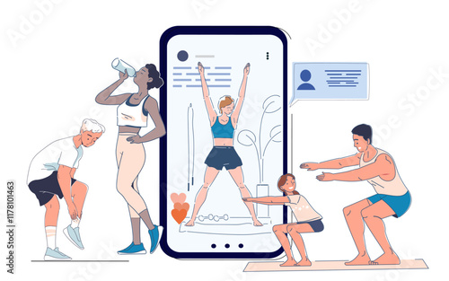 Online sport lesson. Men and women squat near huge smartphone with fitness trainer. Active lifestyle and sports. Training and workout. Physical activity. Linear vector illustration