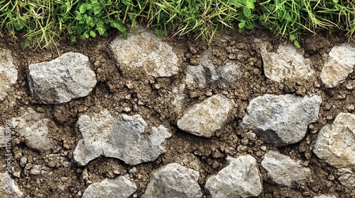 Textures of ground with stones and green grass, dry soil with crackes for game background. Vector cartoon seamless patterns of top view of land surface with dirt, clay, rubbles and plants photo