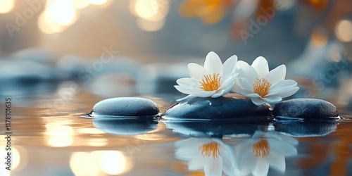 Serene Water Scene with Delicate White Flowers Resting on Smooth Pebbles Against a Soft Focus Background of Gentle, Warm Tones in a Tranquil Natural Setting