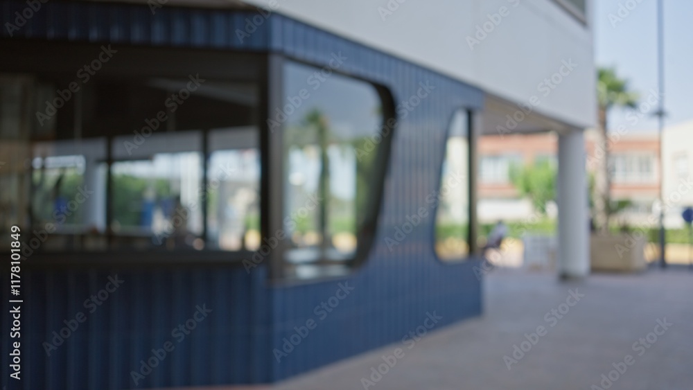 Blurred outdoor photo showing a modern building with large windows and defocused silhouettes in the background under sunny weather conditions Blurred outdoor photo showing a modern building with large windows and defocused silhouettes in the background under sunny weather conditions
