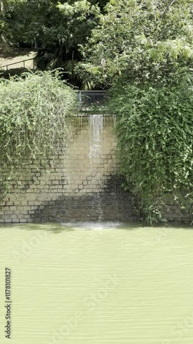 water fountain in a park during a sunny day with a rustic wall and green scenery in the background
