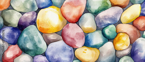 Colorful watercolor background featuring scattered pebbles in various shapes and sizes