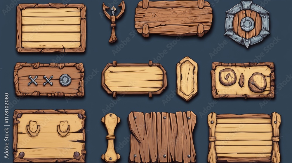 Naklejka premium Wooden game ui design elements - buttons and boards for menu interface. Cartoon vector illustration set of wood and parchment frame, title border and text box. Adventure mobile gui assets kit.