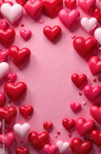 Frame of hearts on a pink background with space for text. Valentine's Day card. Wedding invitation. Convex 3D hearts.