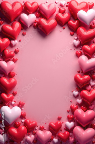 Frame of hearts on a pink background with space for text. Valentine's Day card. Wedding invitation. Convex 3D hearts.