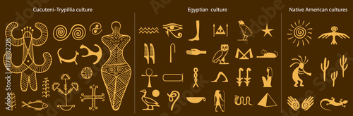Cucuteni–Trypillia culture symbols vector set. Egyptian hieroglyphs isolated collection. Kokopelli fertility deity, hand with a spiral symbol on the palm, eagle or raven bird, lizard, sun and cacti. 
