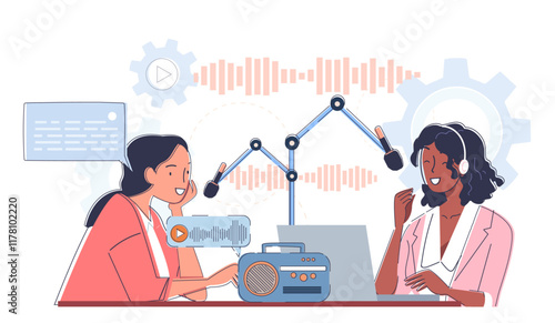 Radio hosts talking. Two women with microphones lead podcasts. People create interesting content for social networks and video hosting sites. Streaming and podcasting. Linear vector illustration