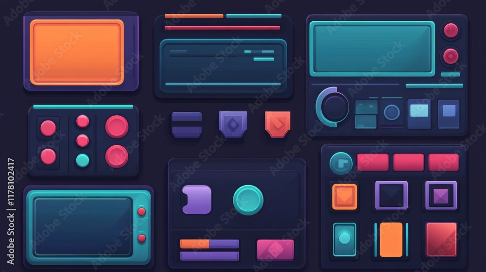 Set of game frames, bars and menu buttons cartoon interface elements. Empty borders with banners, ui or gui design blue, red and green scales, play, pause keys, user panel settings isolated vector kit Set of game frames, bars and menu buttons cartoon interface elements. Empty borders with banners, ui or gui design blue, red and green scales, play, pause keys, user panel settings isolated vector kit