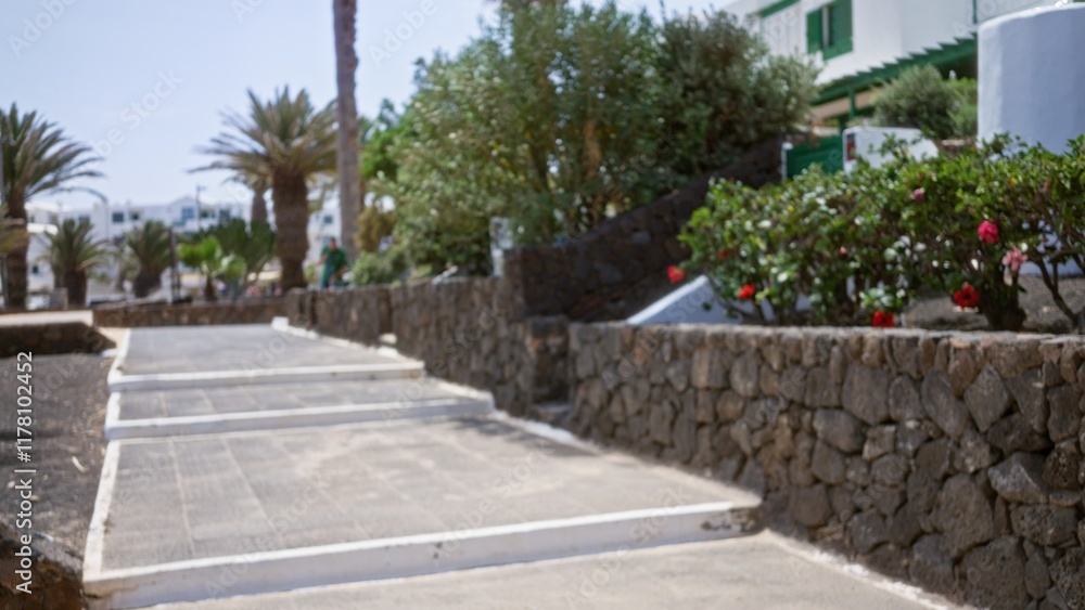 Blurred pathway outdoors in lanzarote, spain with stone walls, palm trees, and lush vegetation in a scenic canary islands setting. Blurred pathway outdoors in lanzarote, spain with stone walls, palm trees, and lush vegetation in a scenic canary islands setting.