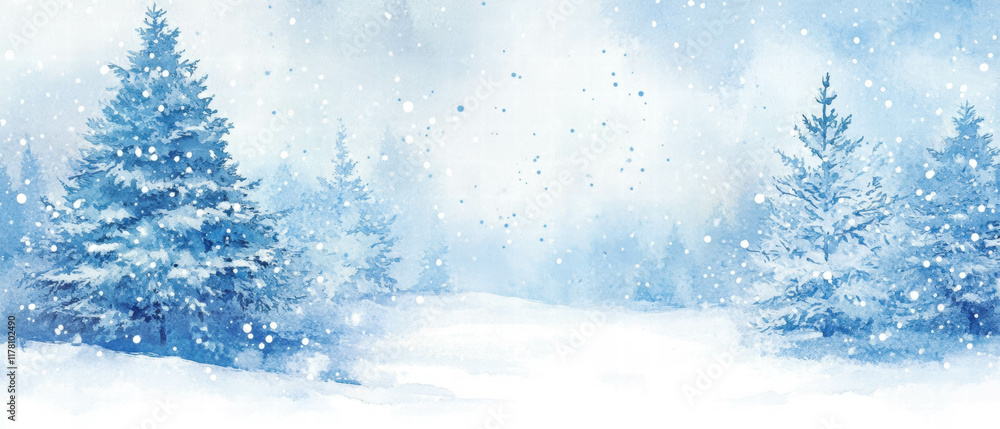 Winter wonderland with watercolor background showcasing snow and evergreen trees Winter wonderland with watercolor background showcasing snow and evergreen trees