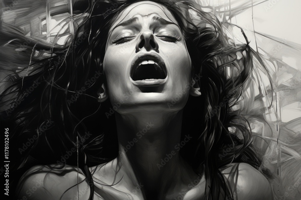 Fototapeta premium A powerful expression of emotion captured in stark contrast, the subject evokes a profound sense of anguish in a moment of raw vulnerability, set against an abstract and dynamic backdrop