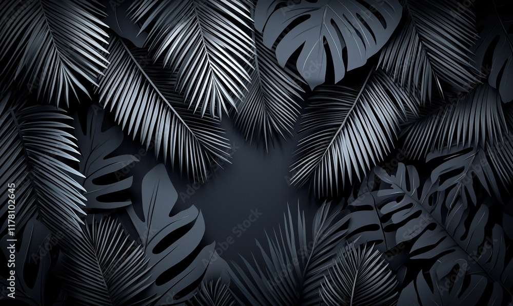 Dark tropical leaves frame on black background, ideal for elegant or moody designs. Dark tropical leaves frame on black background, ideal for elegant or moody designs.