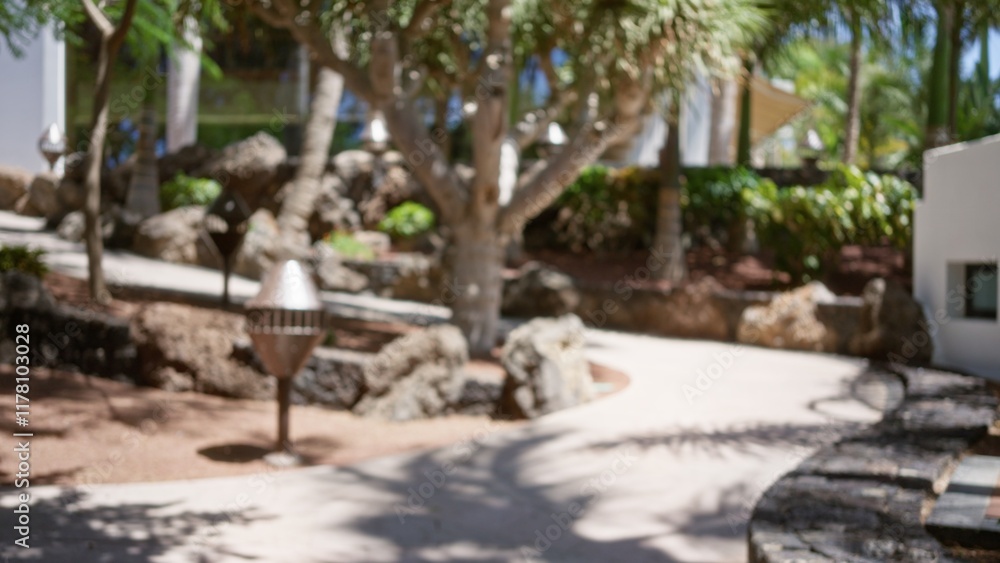 Obraz premium Blurred tropical resort garden with defocused pathways and palm trees in background