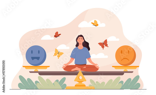 Stress control woman. Young girl sitting on scales with various emojis. Feelings and emotions, expression. Good or bad mood. Calmness, peace and relaxation. Flat vector illustration